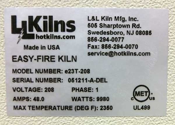 Photo of Kiln Data Nameplate