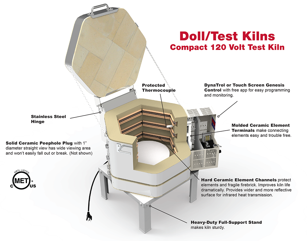 L&L Doll / Test Kilns are compact kilns that fire at 120 volts with sustainable maintenance features like protected firebrick, a cool-firing control panel, and a protected thermocouple. Includes robust digital control